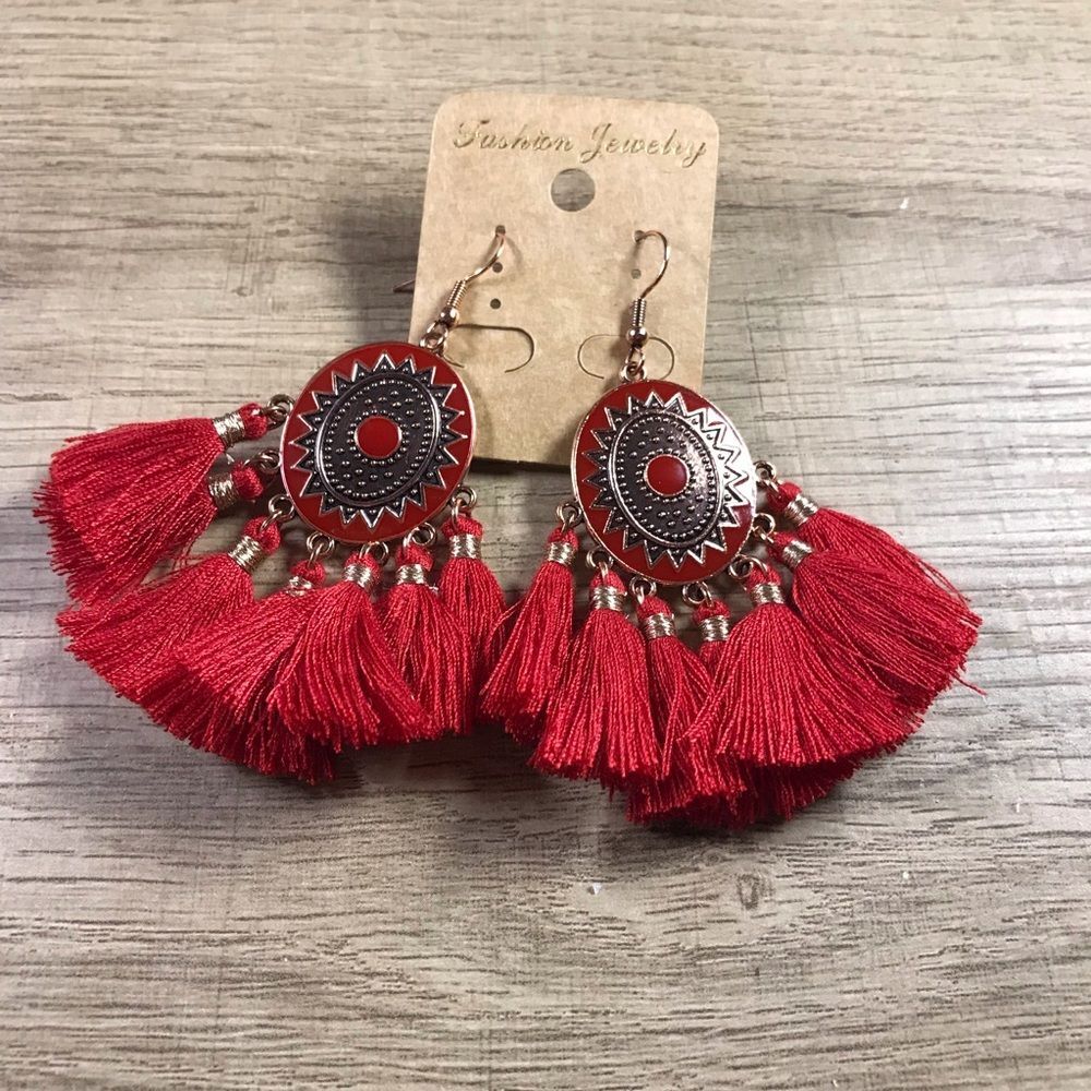 Bohemian  Ethnic Round Enamel Red Tassel Earrings